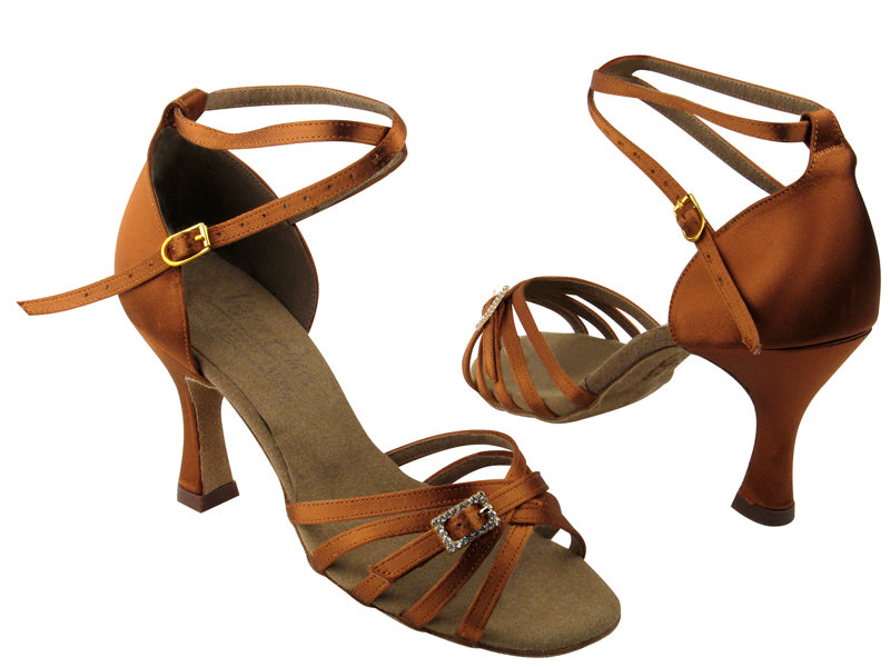 S92327 Dark Tan Satin with 3&quot; Flare heel in the photo