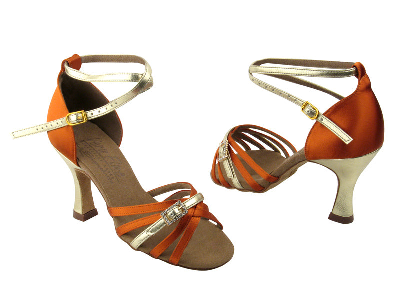 S92327 Gold Trim &amp; Dark Tan Satin with 3&quot; Flare heel in the photo