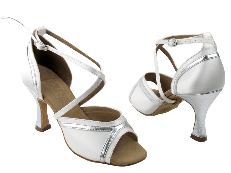 S92332 White Satin &amp; Silver Trim with 3&quot; Flare heel in the photo