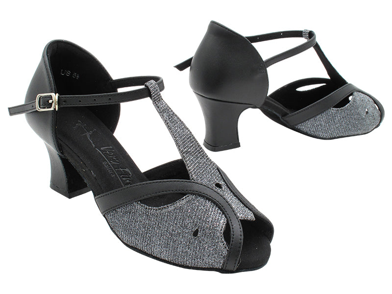 SERA2800 285 Black Glitter Satin &amp; Black Leather Trim with 2.2 INCH THICK CUBAN HEEL (2317) in the photo