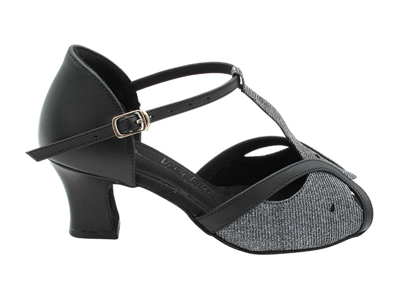 SERA2800 285 Black Glitter Satin &amp; Black Leather Trim with 2.2 INCH THICK CUBAN HEEL (2317) in the photo