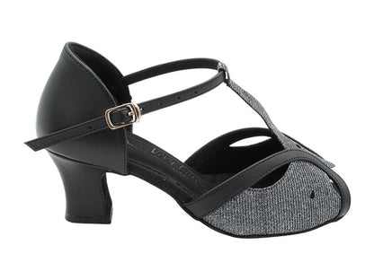 SERA2800 285 Black Glitter Satin &amp; Black Leather Trim with 2.2 INCH THICK CUBAN HEEL (2317) in the photo