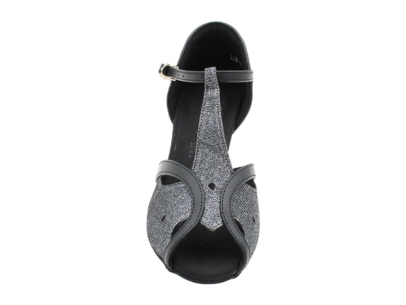 SERA2800 285 Black Glitter Satin &amp; Black Leather Trim with 2.2 INCH THICK CUBAN HEEL (2317) in the photo