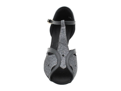 SERA2800 285 Black Glitter Satin &amp; Black Leather Trim with 2.2 INCH THICK CUBAN HEEL (2317) in the photo