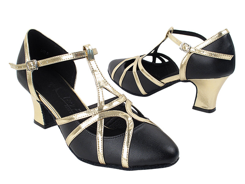 SERA3541 Black Leather &amp; Light Gold Trim with 2.2&quot; Thick Cuban Heel in the photo