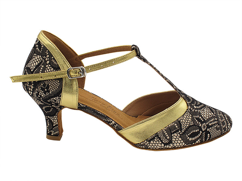 SERA3551 258 Flesh Black Lace &amp; 062 Gold Leather Trim with 2.5&quot; Heel (2040) in the photo