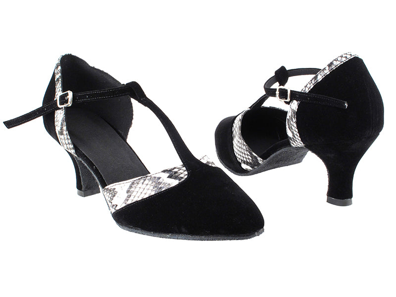 SERA3551 Black Velvet &amp; White Snake Trim with 2.5&quot; low heel in the photo