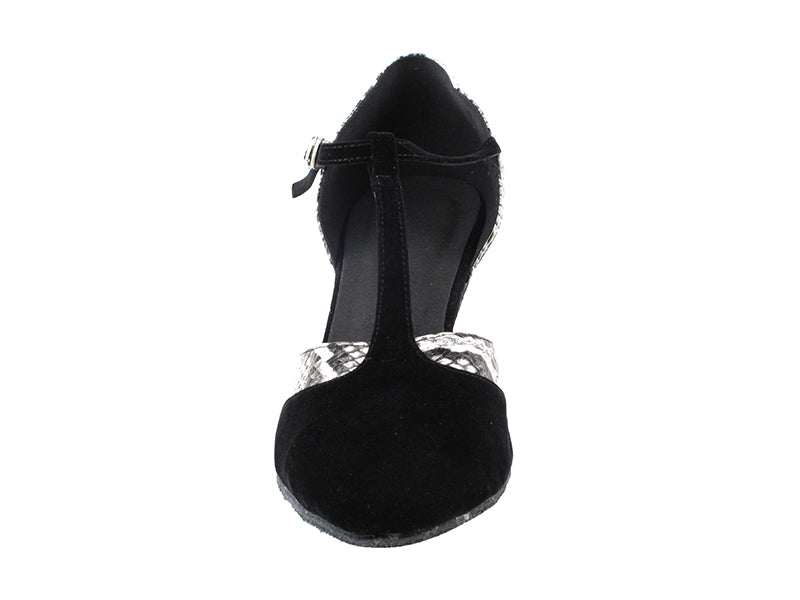 SERA3551 Black Velvet &amp; White Snake Trim with 2.5&quot; low heel in the photo