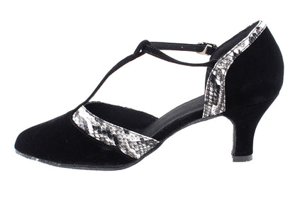 SERA3551 Black Velvet &amp; White Snake Trim with 2.5&quot; low heel in the photo