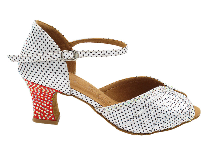 SERA3830CC 256 White Black Dots Satin &amp; 118 Red Satin Heel_Rhinestone with 2.2 inch Thick Cuban Heel (318) in the photo