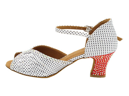 SERA3830CC 256 White Black Dots Satin &amp; 118 Red Satin Heel_Rhinestone with 2.2 inch Thick Cuban Heel (318) in the photo