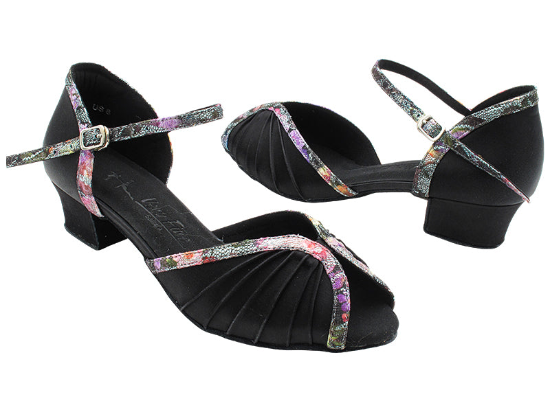 SERA3830 Black Satin &amp; Flower Glitter Satin Trim with 1.5&quot; Medium Heel (NTD) in the photo