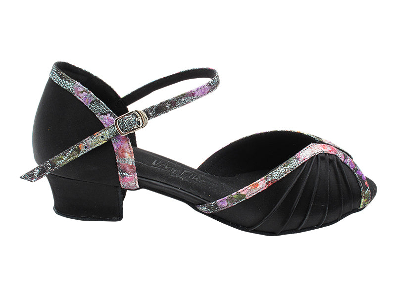 SERA3830 Black Satin &amp; Flower Glitter Satin Trim with 1.5&quot; Medium Heel (NTD) in the photo