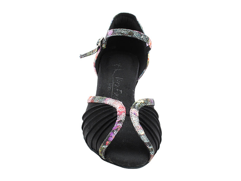 SERA3830 Black Satin &amp; Flower Glitter Satin Trim with 1.5&quot; Medium Heel (NTD) in the photo