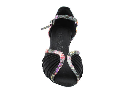 SERA3830 Black Satin &amp; Flower Glitter Satin Trim with 1.5&quot; Medium Heel (NTD) in the photo