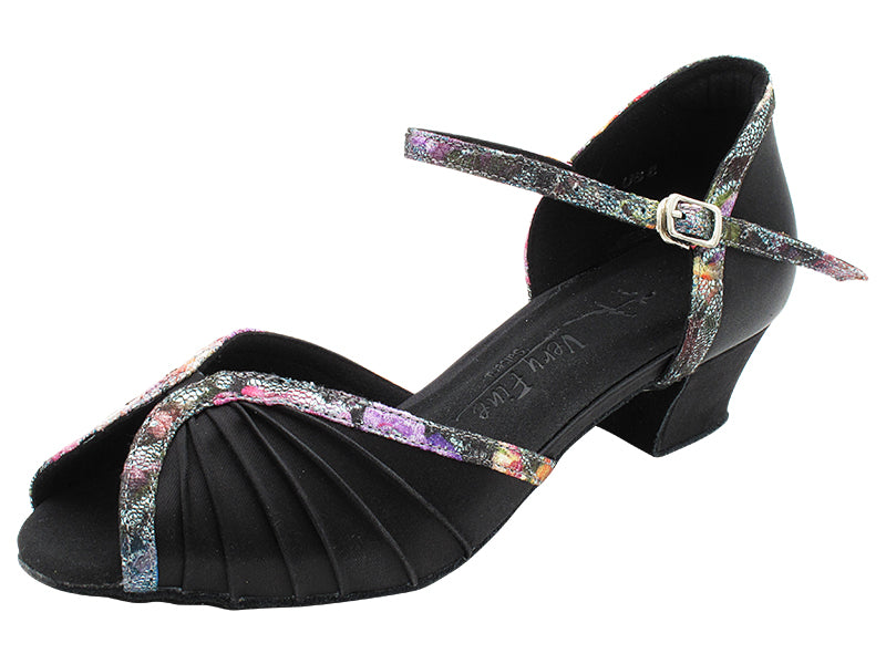 SERA3830 Black Satin &amp; Flower Glitter Satin Trim with 1.5&quot; Medium Heel (NTD) in the photo