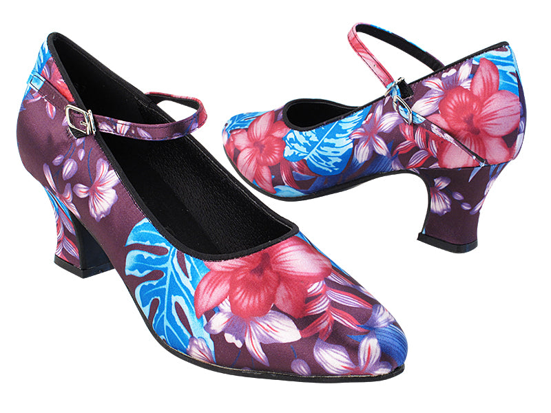 SERA5522 198 Blue Purple Flower Satin with 2.2 inch Thick Cuban Heel in the photo