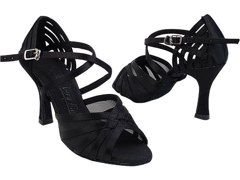 SERA7032B Black Satin &amp; Black Mesh  with 3 inch Flare Heel (Heel Code 5059) in the photo