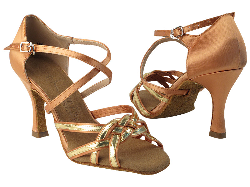 SERA7040 Tan Satin &amp; Gold Trim with 3&quot; Flare heel (5059) in the photo