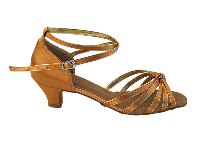 SERA7043 Tan Satin_Gold Trim_Cuban Heel with (5028) 1.2&quot; Cuban Heel in the photo