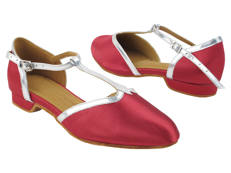 SERA9627FT 122 Burgundy Satin_214 Soft Silver Trim with 0.5&quot; Flat Heel (Eva) in the photo