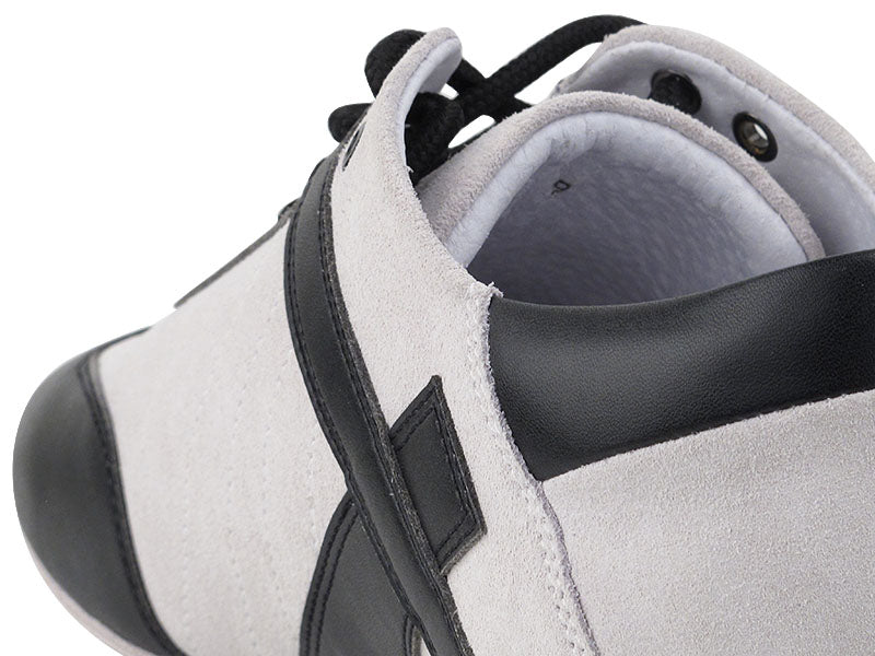 SERO106BBX Vintage White Suede &amp; Black Leather Trim with flat heel in the photo