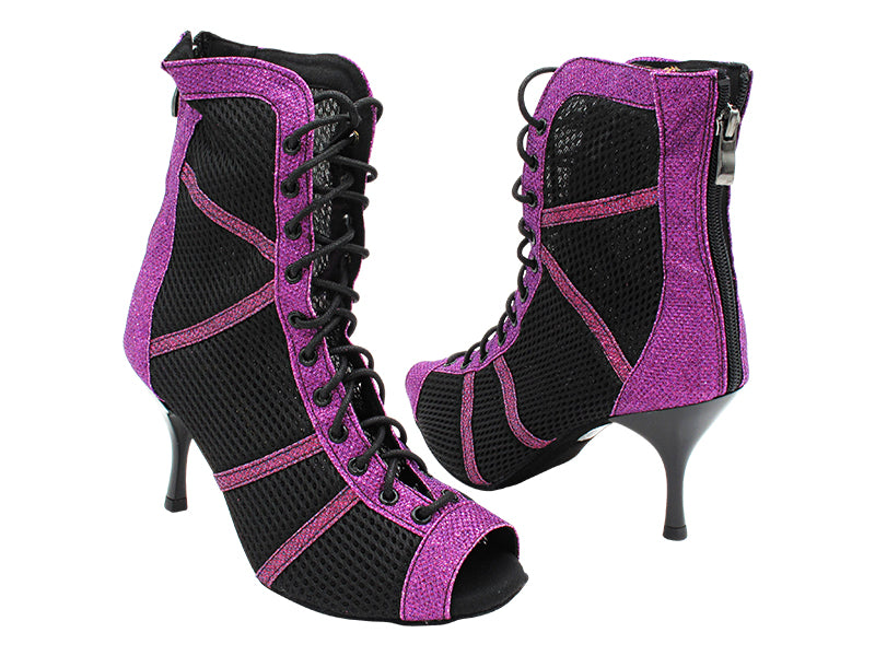 VFBoot Latin 3302 Glitter Purple Illusion Satin &amp; Black Knit Mesh with 2.95 INCH SLIM BLACK PLATED HEEL (030) in the photo