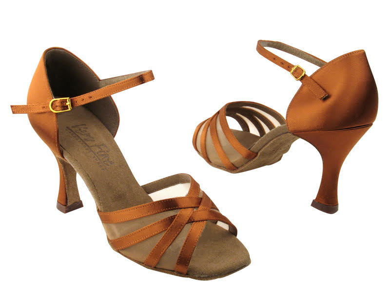 C6027 Dark Tan Satin &amp; Flesh Mesh  with 3" Flare heel in the photo