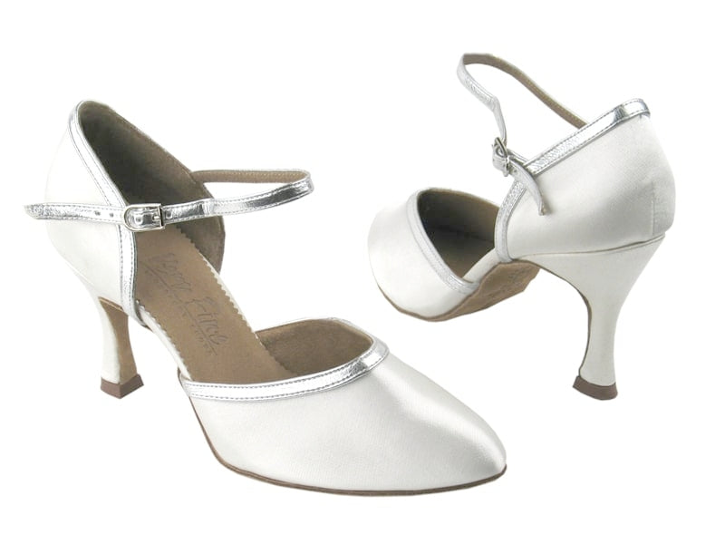 C9621 White Satin &amp; Silver Leather Trim with 3&quot; Flare Heel in the photo