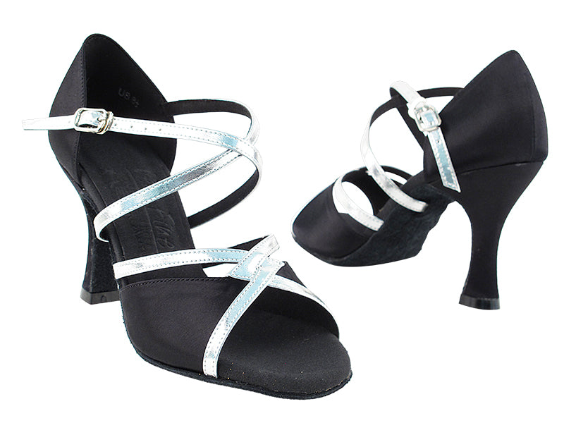 S92318 Black Satin & Silver Trim with 3" Flare heel in the photo