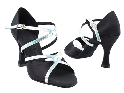 S92318 Black Satin &amp; Silver Trim with 3&quot; Flare heel in the photo