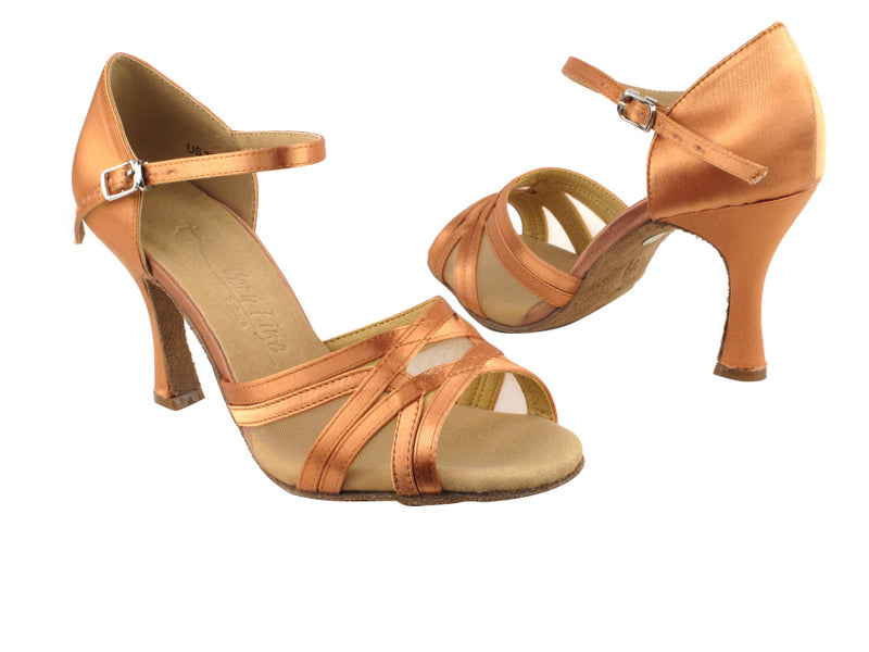 SERA1398 Tan Satin &amp; Flesh Mesh with 3&quot; heel in the photo