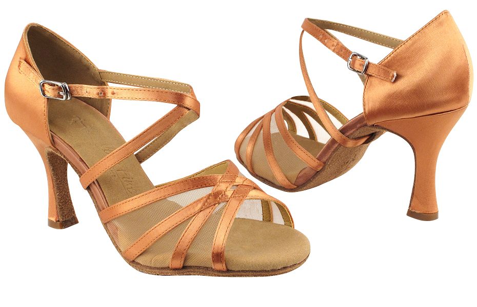 SERA1605 Tan Satin & Flesh Mesh with 3" heel in the photo