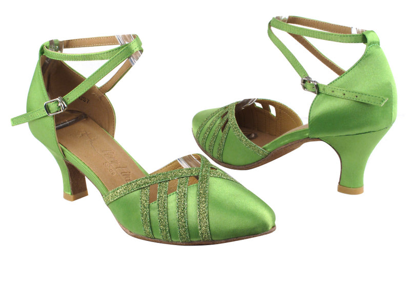 SERA3530 Green Satin &amp; Green Stardust Trim with 2.5&quot; low heel in the photo