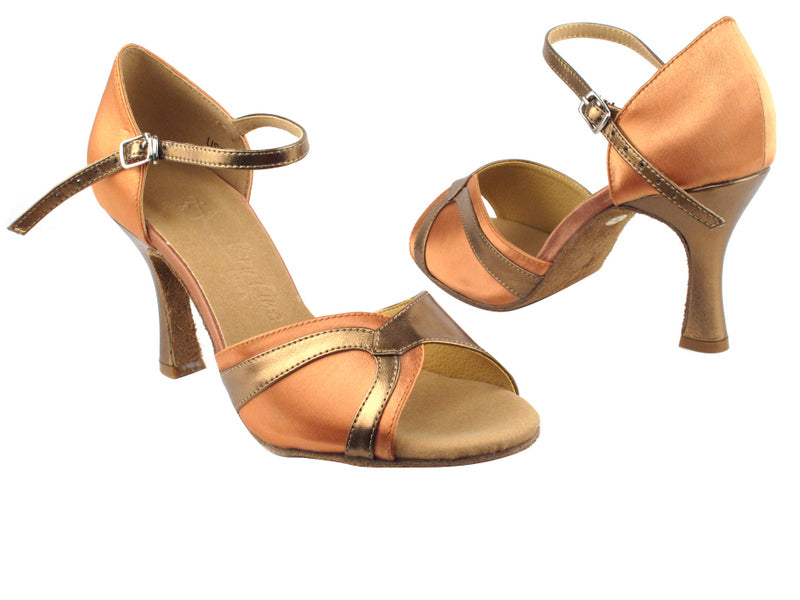 SERA3710 Tan Satin &amp; Dark Tan Gold Trim with 3&quot; heel in the photo